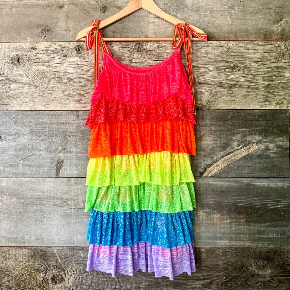 Pitusa Rainbow Tiered Ruffle Mini Dress XS/S Festival Pride Vaca Bright Beach